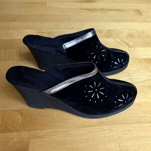 Black suede clog/mule wedge, black and metallic accents, size 8